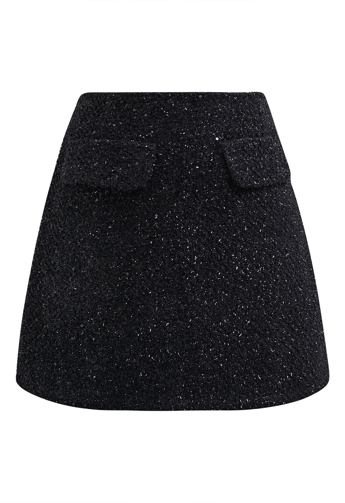 Jupe courte en tweed à franges et sequins en noir