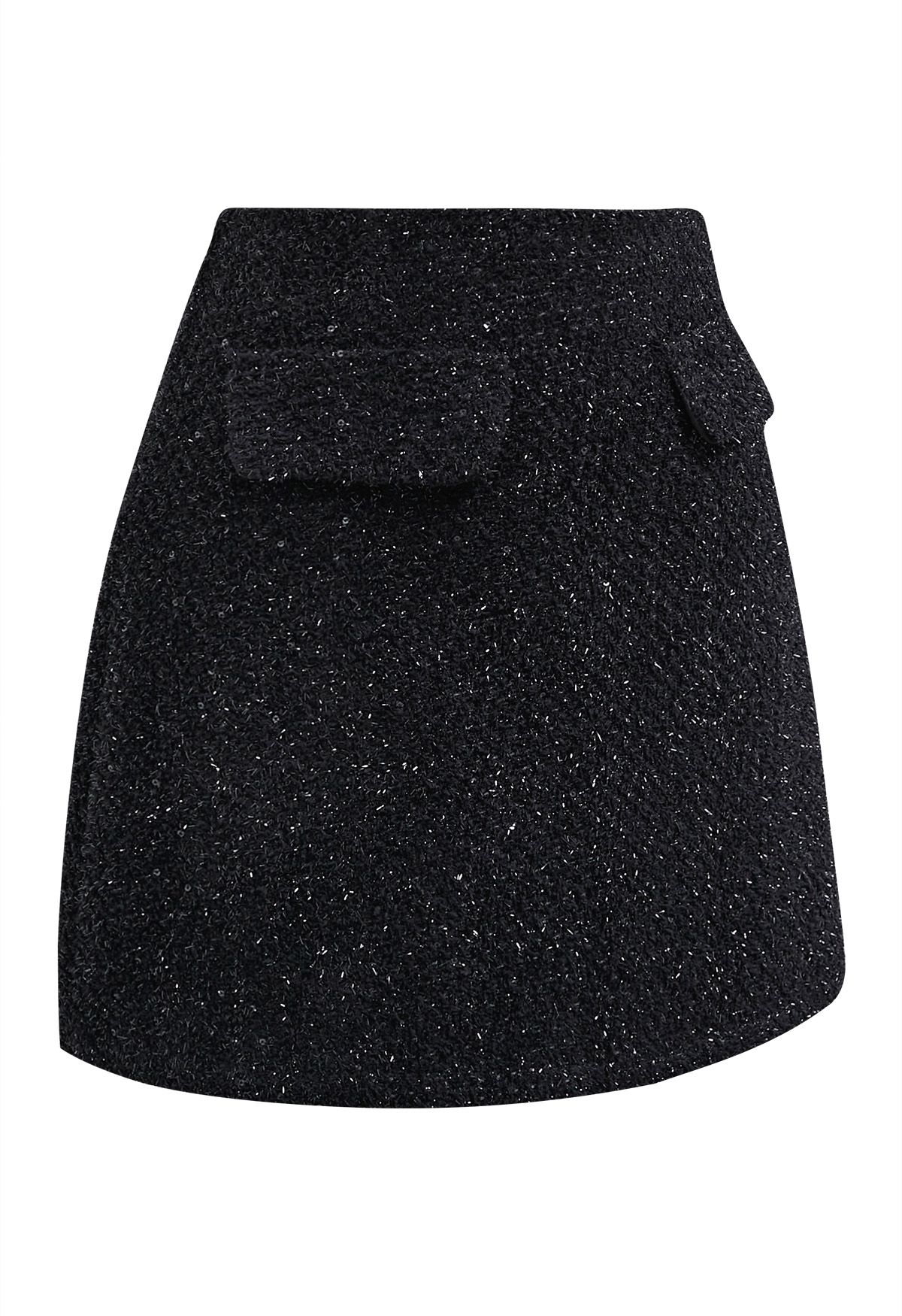 Jupe courte en tweed à franges et sequins en noir