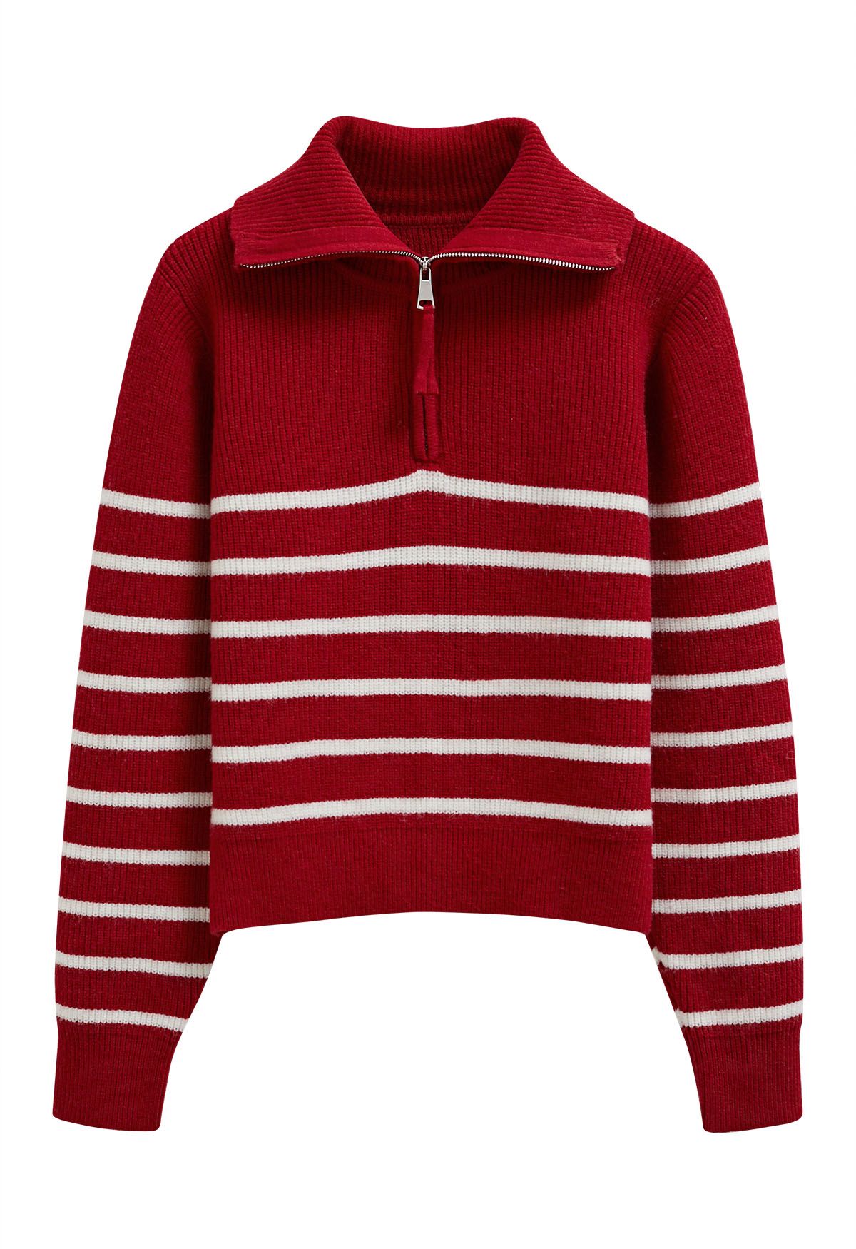 Pull en tricot rayé à col rabattu et fermeture éclair en rouge