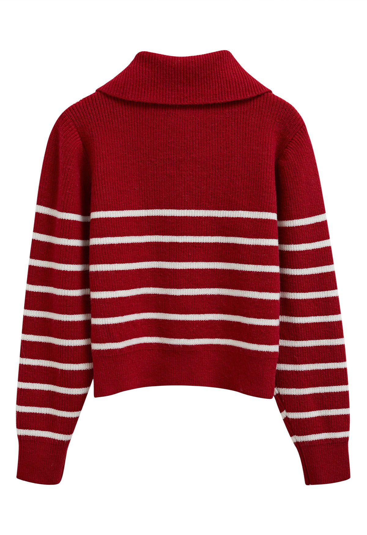 Pull en tricot rayé à col rabattu et fermeture éclair en rouge