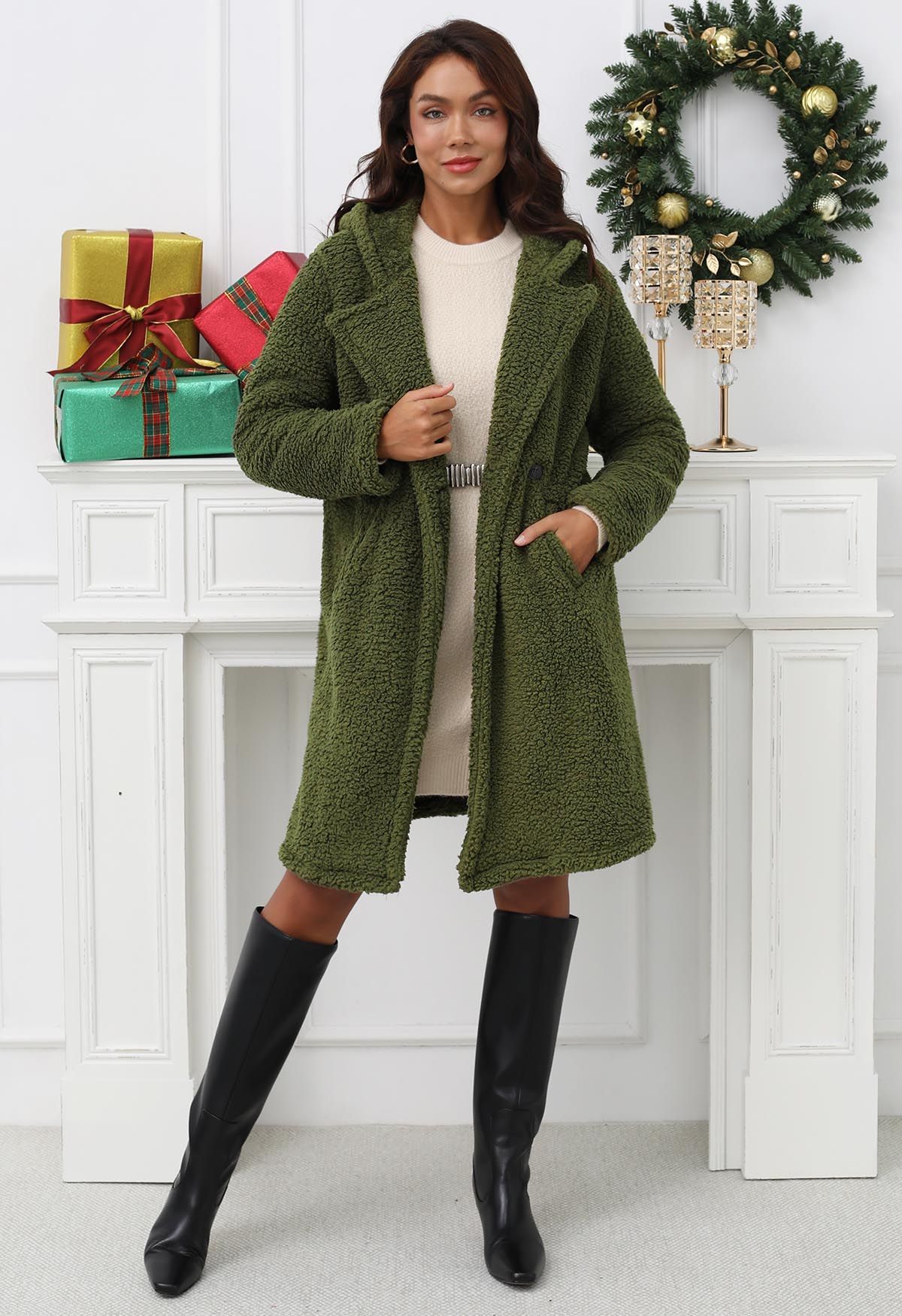 Manteau Sherpa à capuche Warm You Can Wear en olive