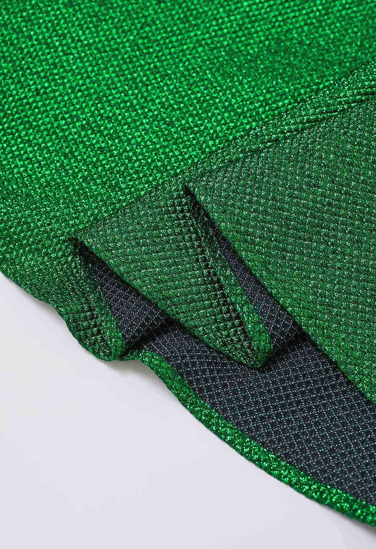 Jupe longue trapèze ceinturée en jacquard gaufré vert