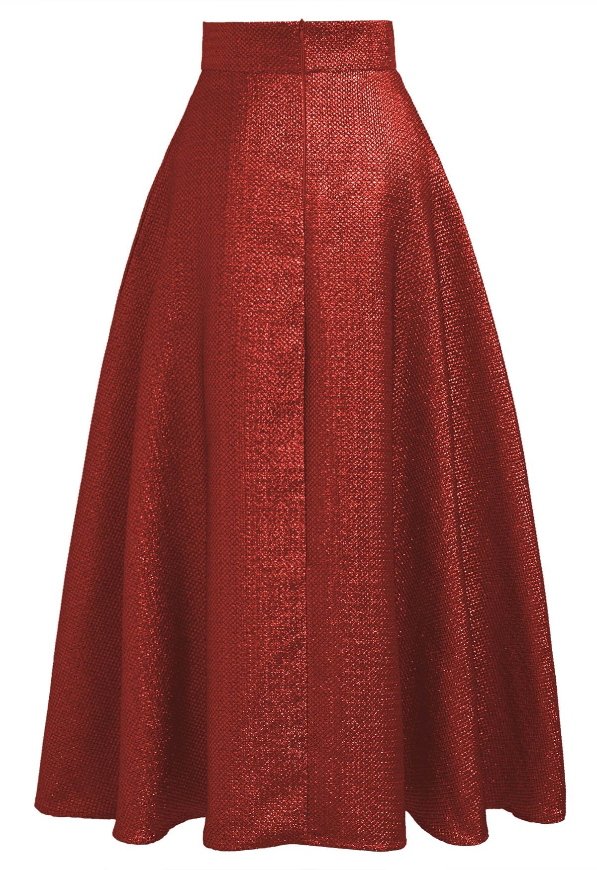 Jupe longue trapèze ceinturée en jacquard gaufré en rouge