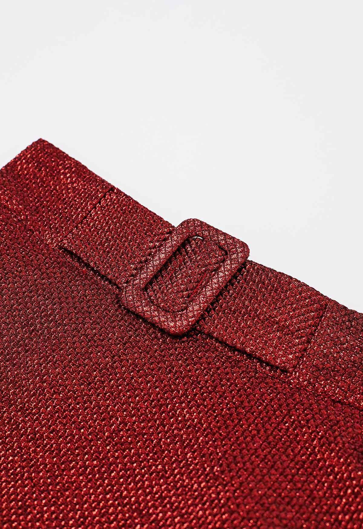 Jupe longue trapèze ceinturée en jacquard gaufré en rouge