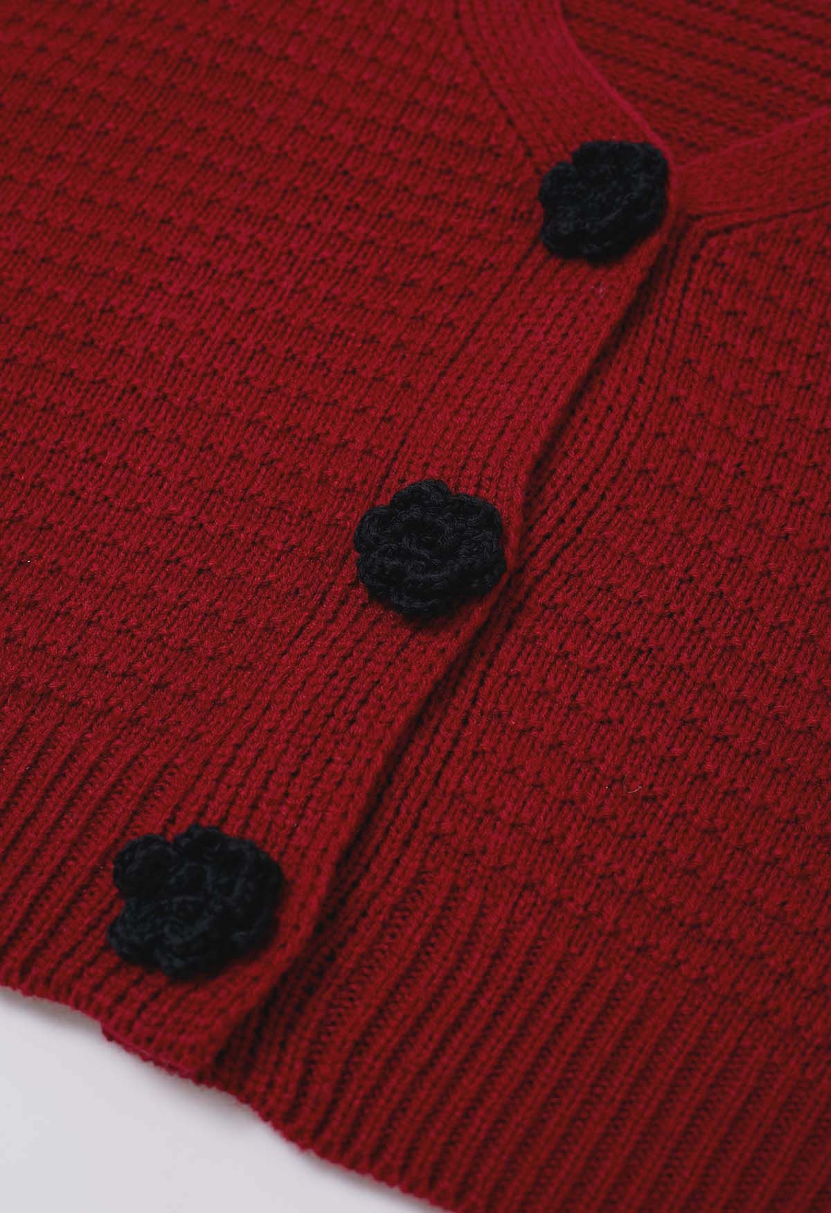 Gilet court boutonné en maille Stitch Rose en rouge