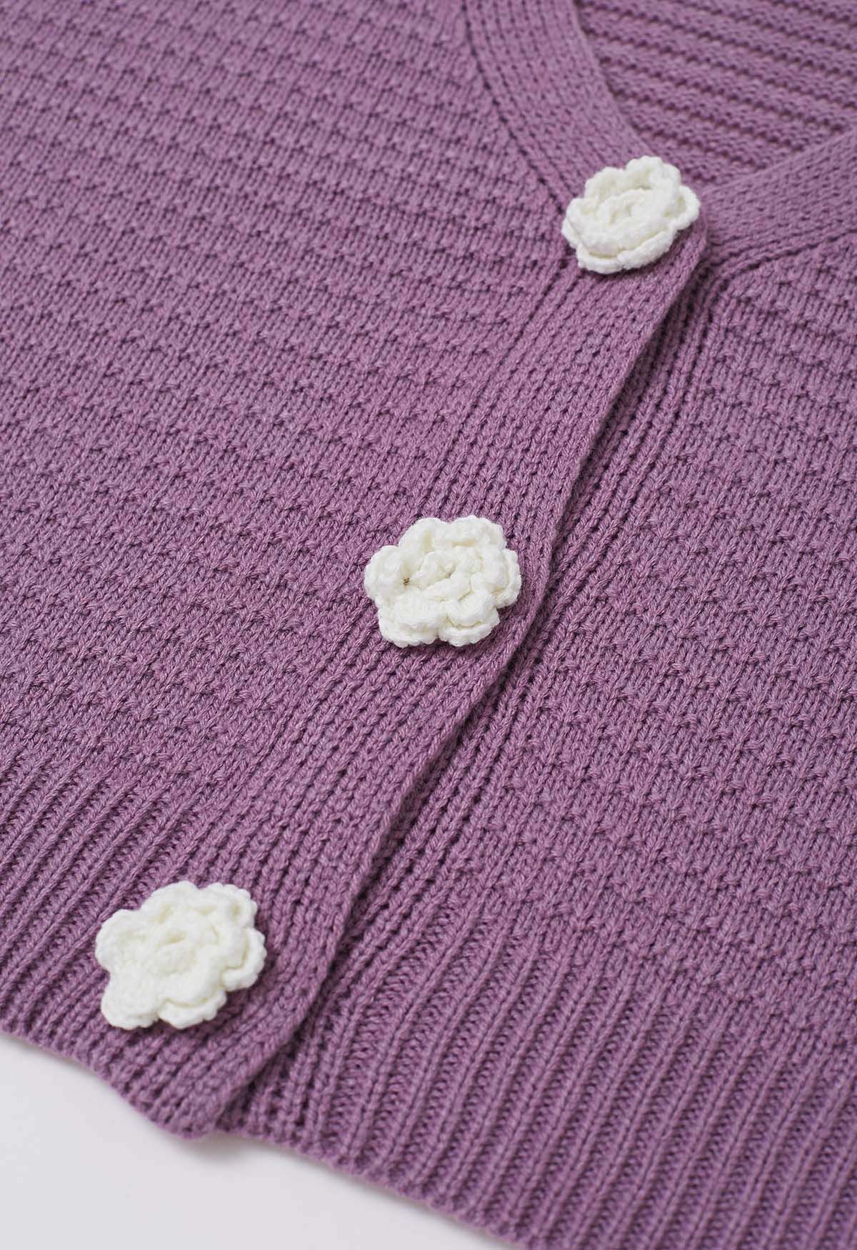 Gilet court boutonné en maille lilas avec motif Stitch Rose