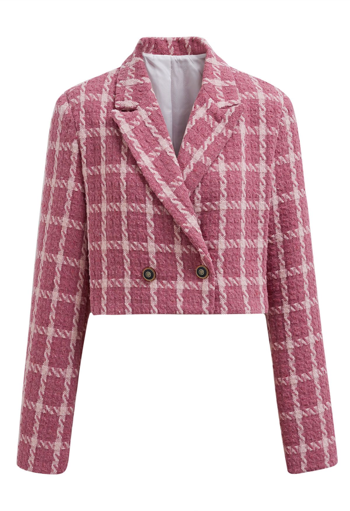 Blazer court à épaules rembourrées en tweed à carreaux en rose