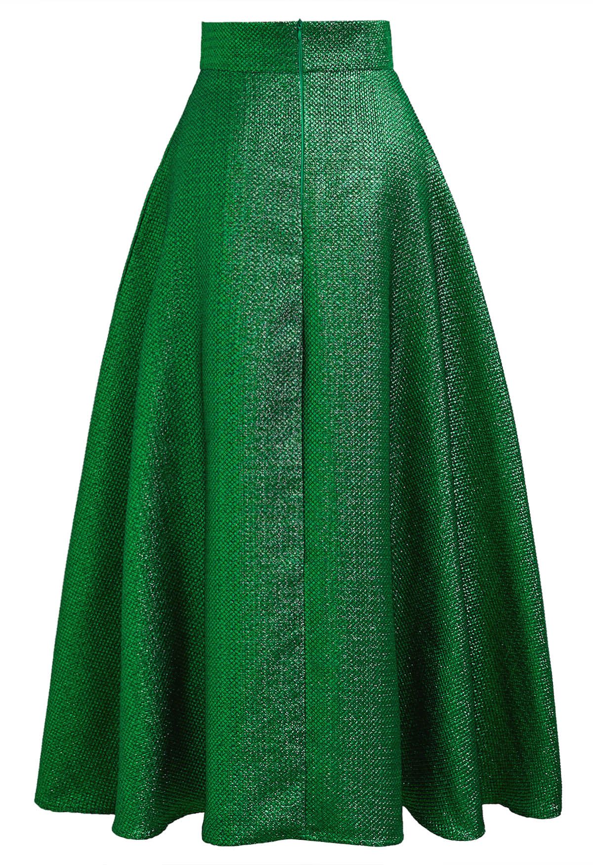 Jupe longue trapèze ceinturée en jacquard gaufré vert