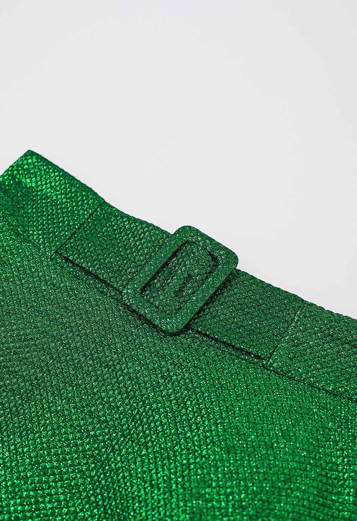 Jupe longue trapèze ceinturée en jacquard gaufré vert