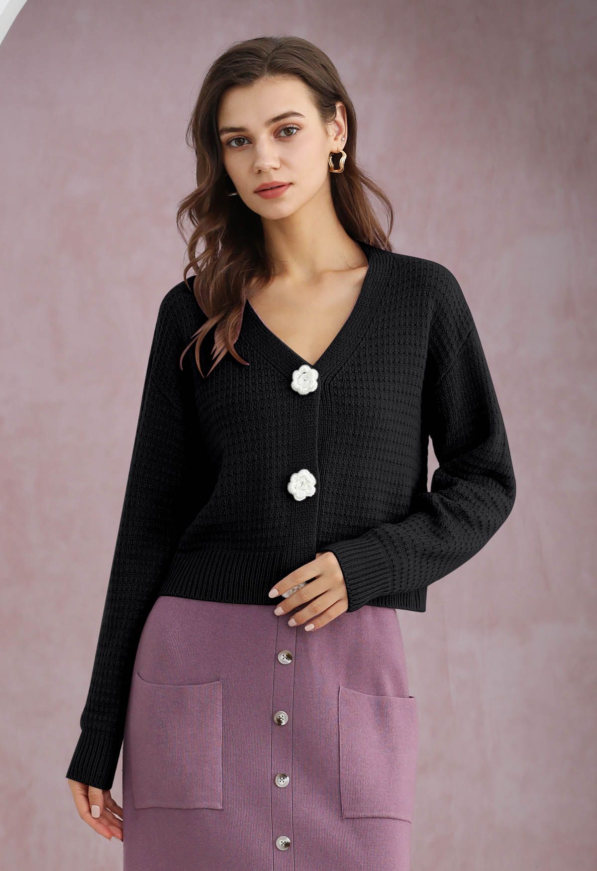 Cardigan court boutonné en maille Stitch Rose en noir