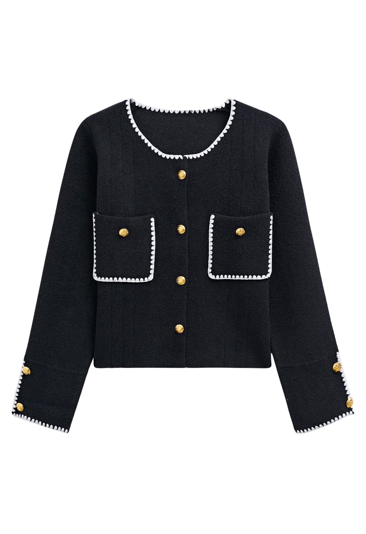 Cardigan boutonné en tricot avec bordure en point de surjet contrasté en noir