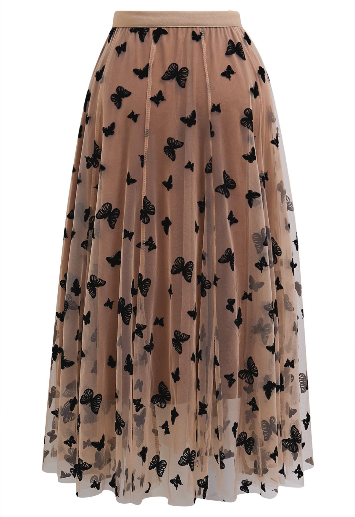 Jupe mi-longue en tulle à motif papillon valsé en caramel