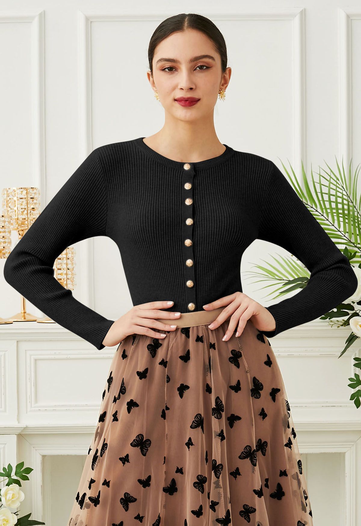 Cardigan boutonné en maille côtelée Chic Sense en noir