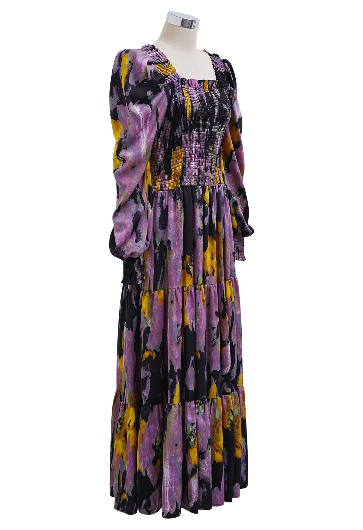 Robe longue froncée à manches bouffantes et motif floral