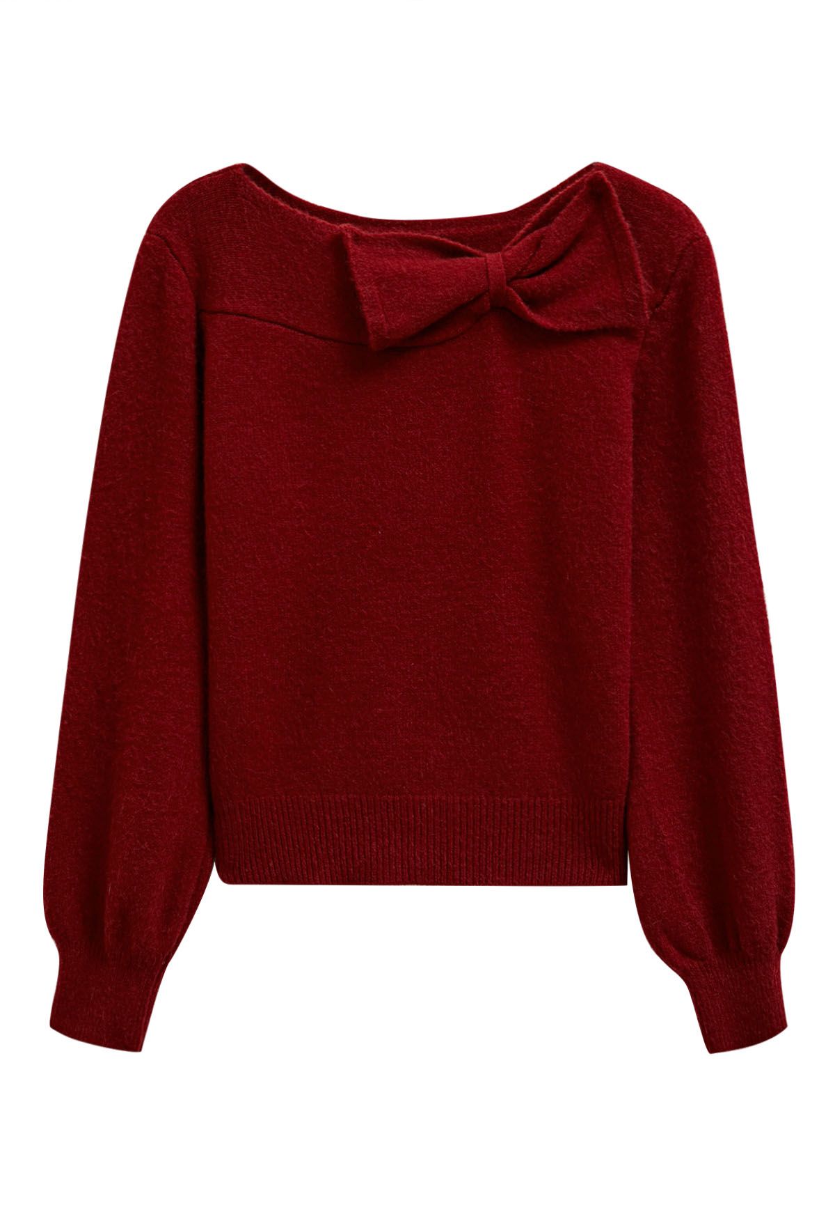 Pull en tricot à col bateau avec bordure en nœud papillon en rouge