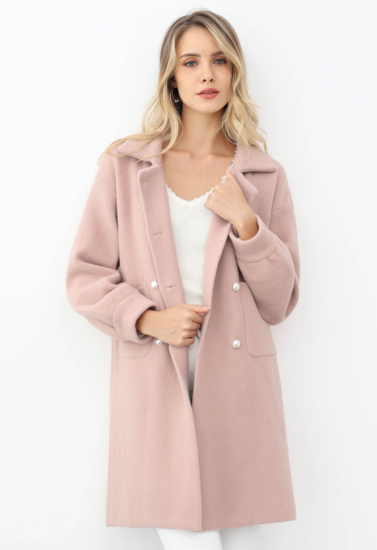 Manteau en tricot croisé Pearl en rose poudré