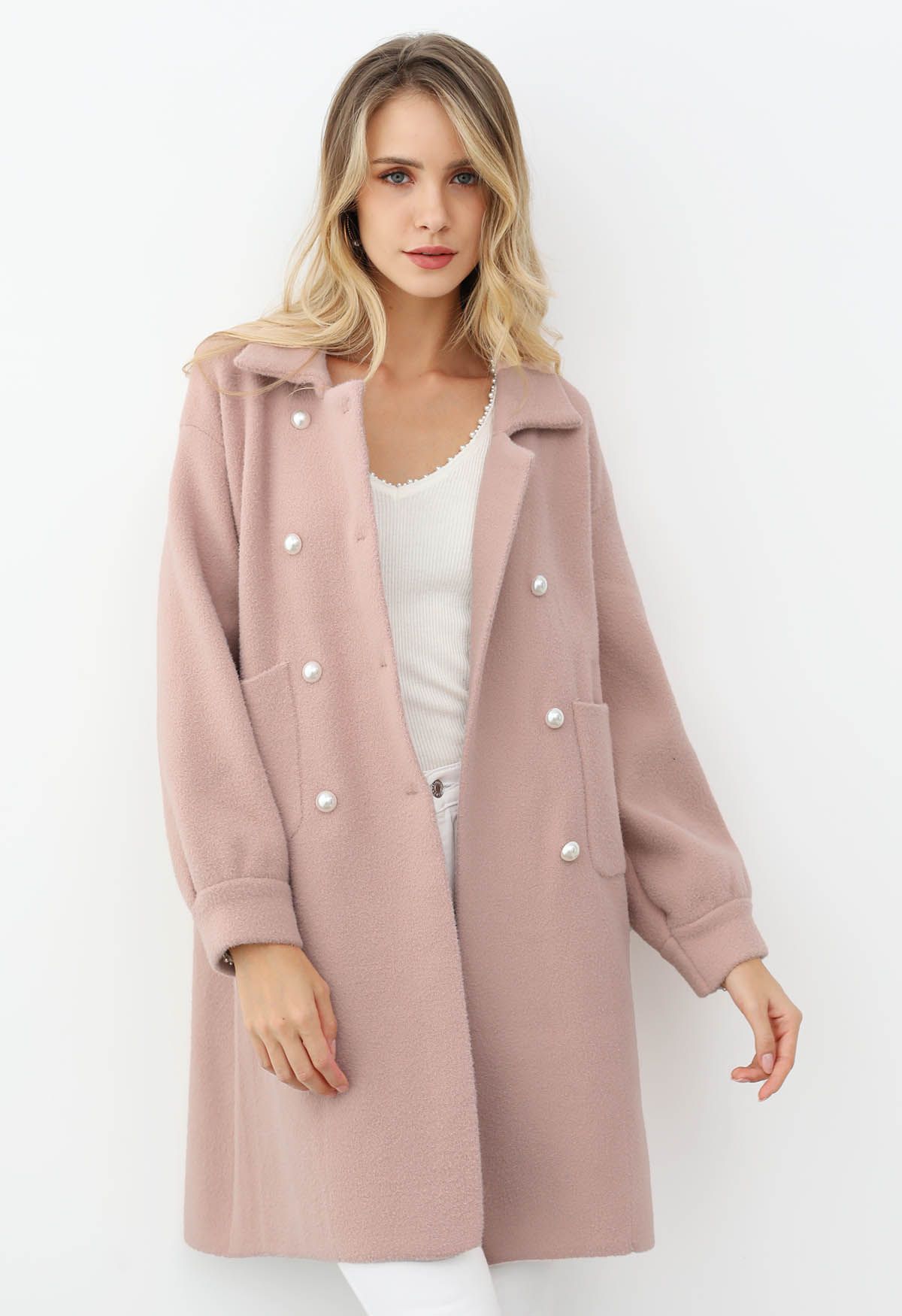 Manteau en tricot croisé Pearl en rose poudré