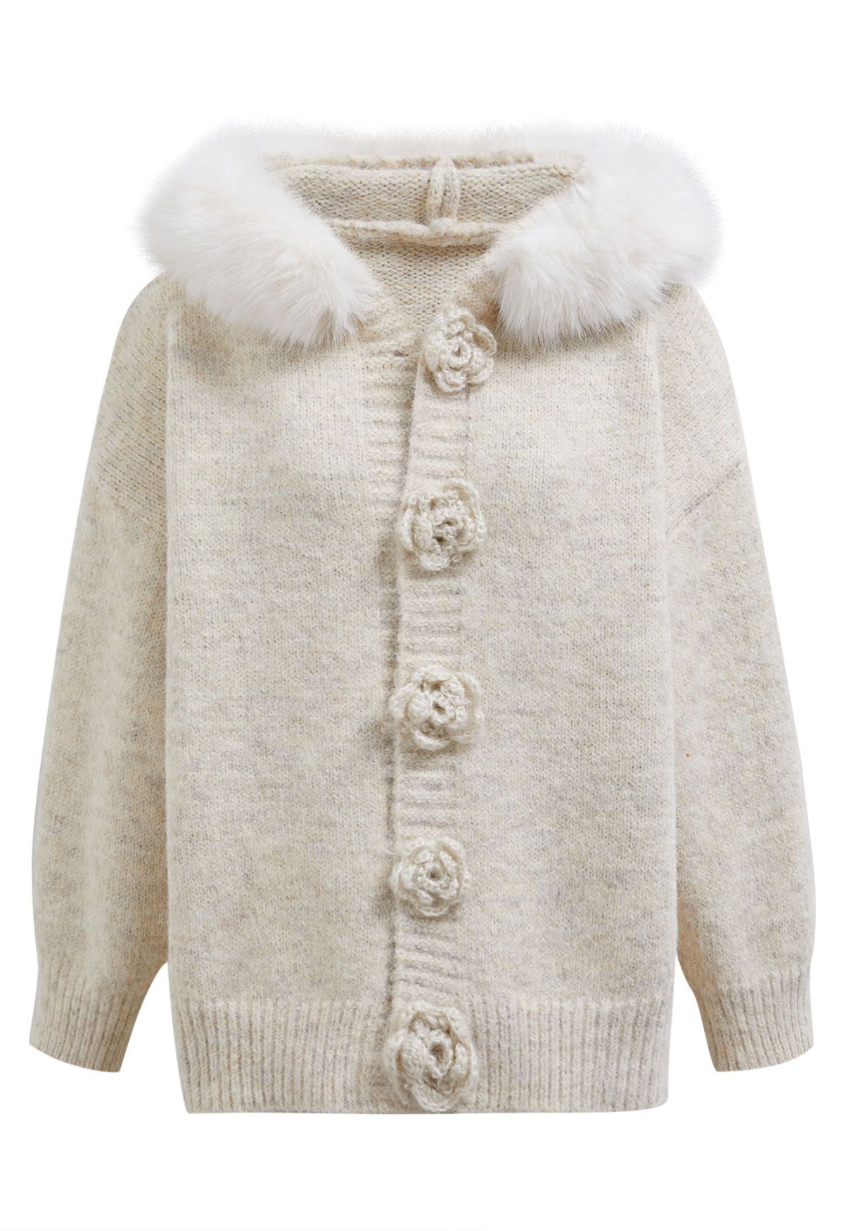 Cardigan tricoté à capuche en fausse fourrure avec boutons en forme de rose en flocons d'avoine