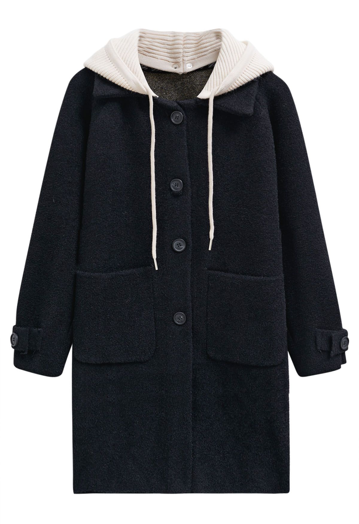 Manteau en tricot boutonné à capuche amovible en noir