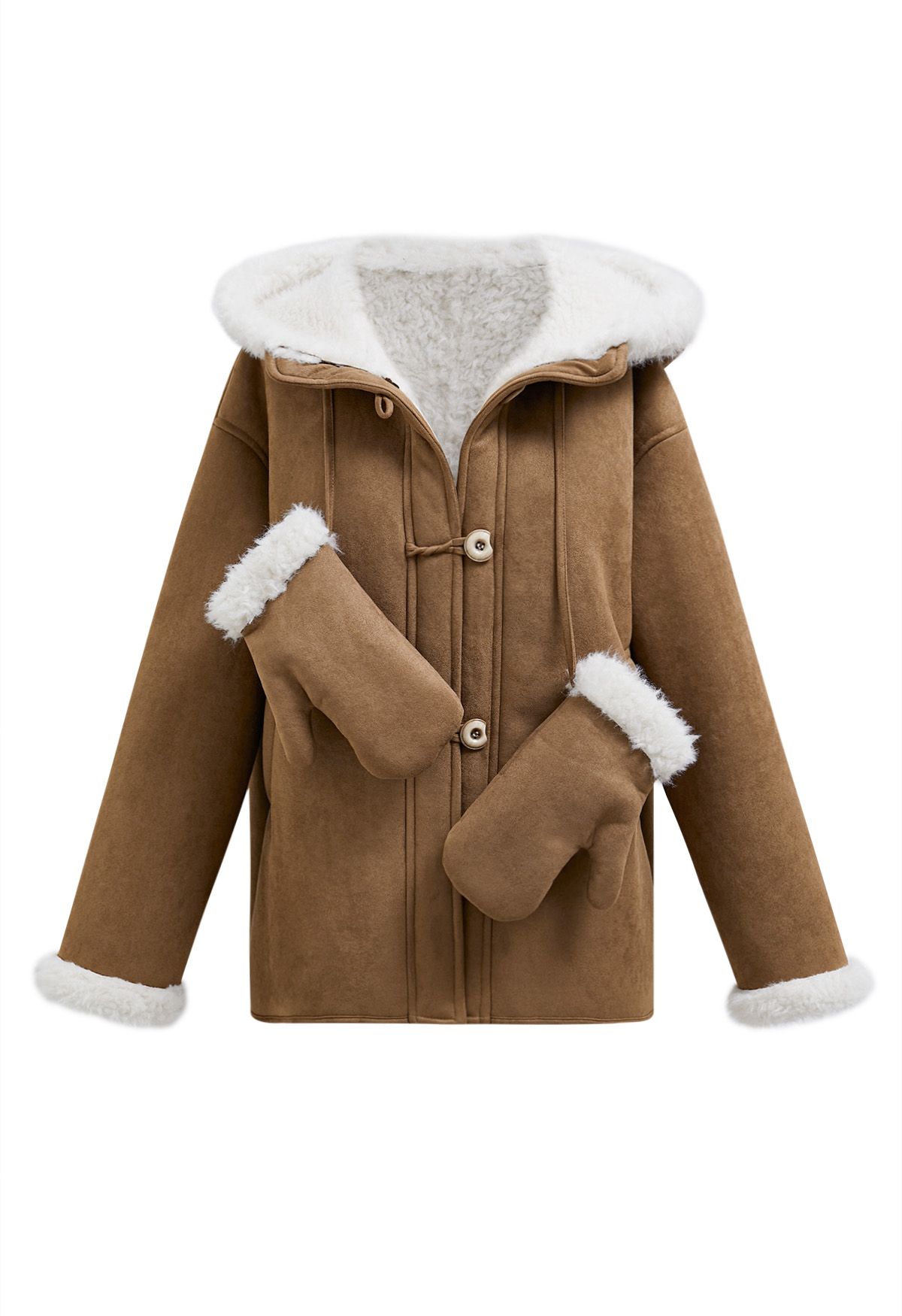 Manteau à capuche en faux daim et fourrure avec gants