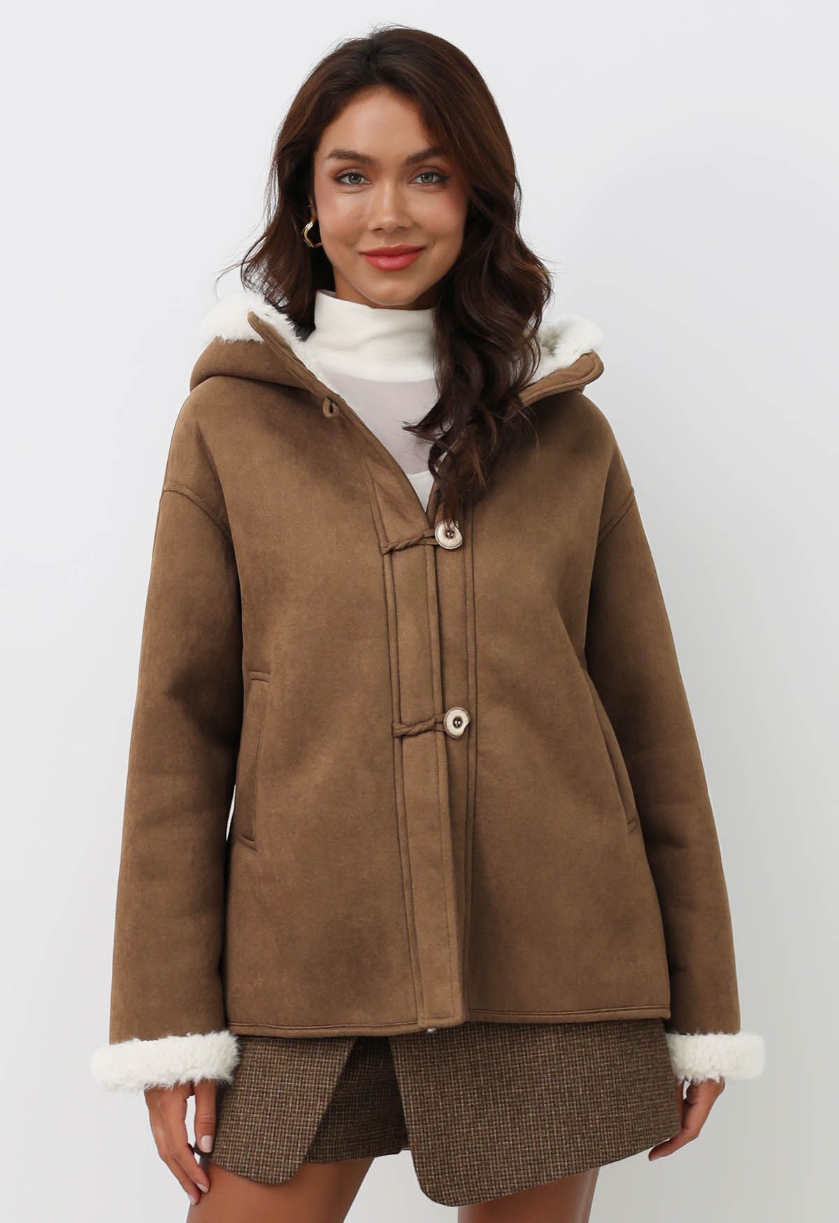 Manteau à capuche en faux daim et fourrure avec gants