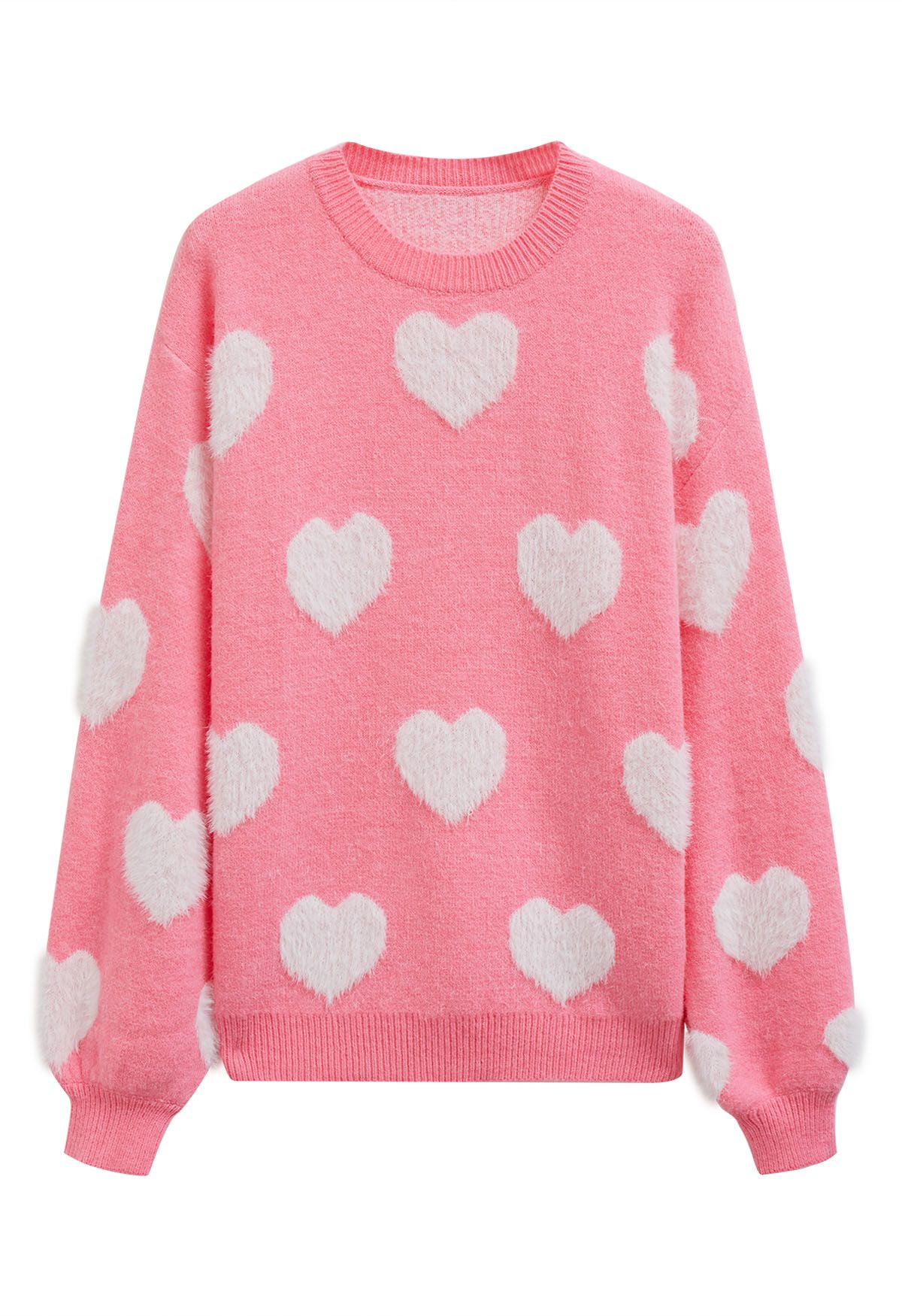 Pull ras du cou en tricot contrasté à motif cœur flou en rose bonbon