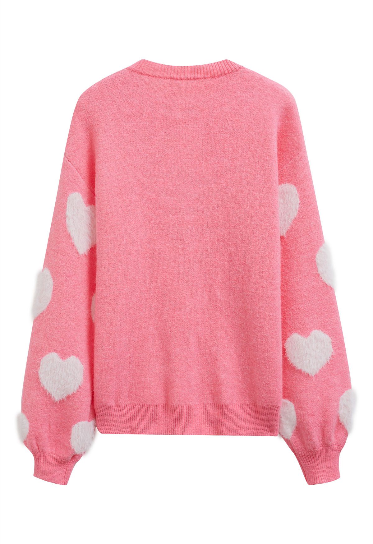 Pull ras du cou en tricot contrasté à motif cœur flou en rose bonbon