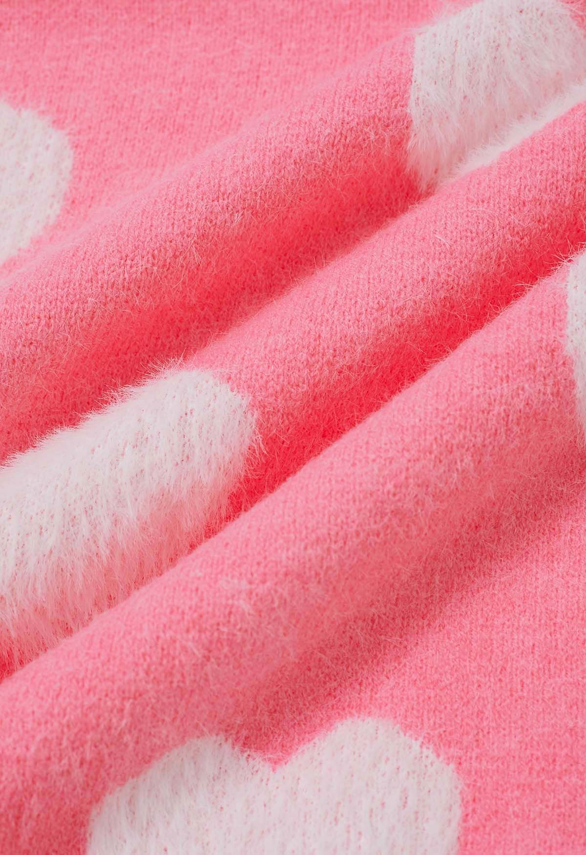 Pull ras du cou en tricot contrasté à motif cœur flou en rose bonbon