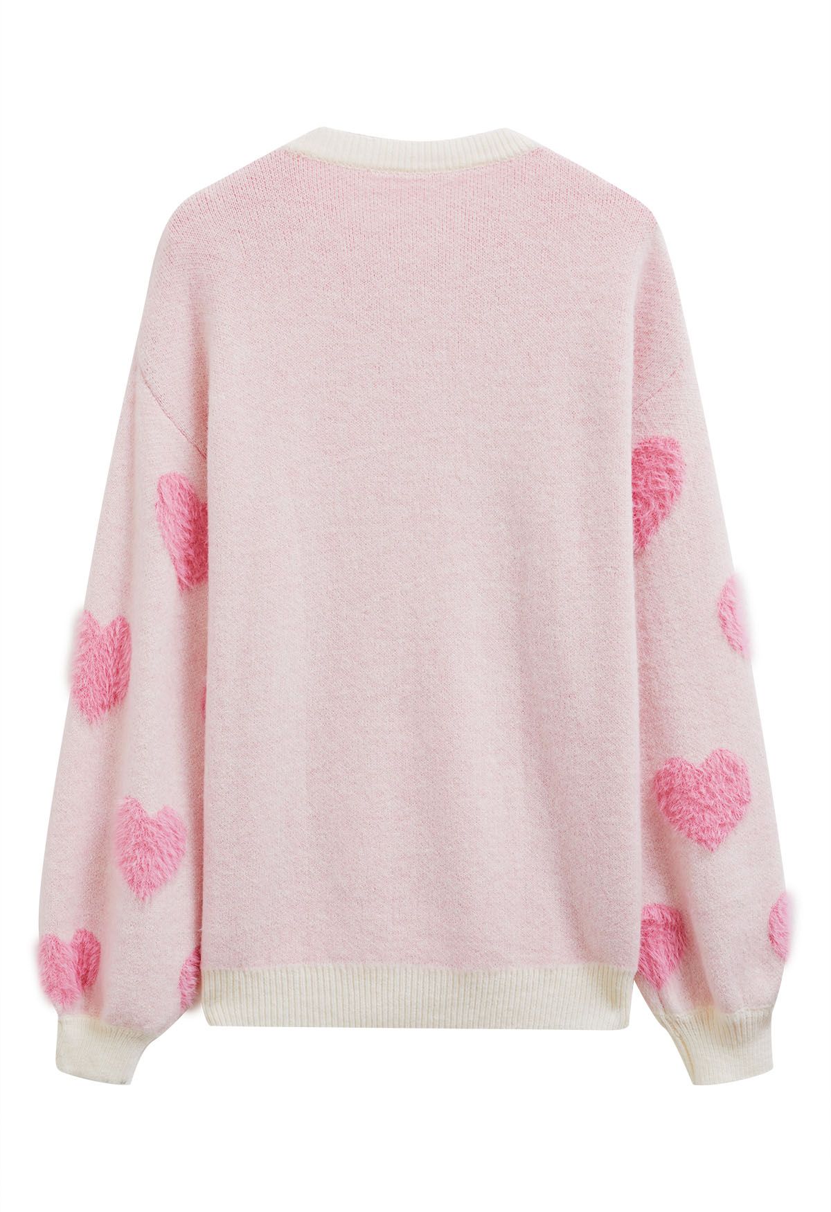 Pull ras du cou en tricot contrasté à motif cœur flou en rose clair