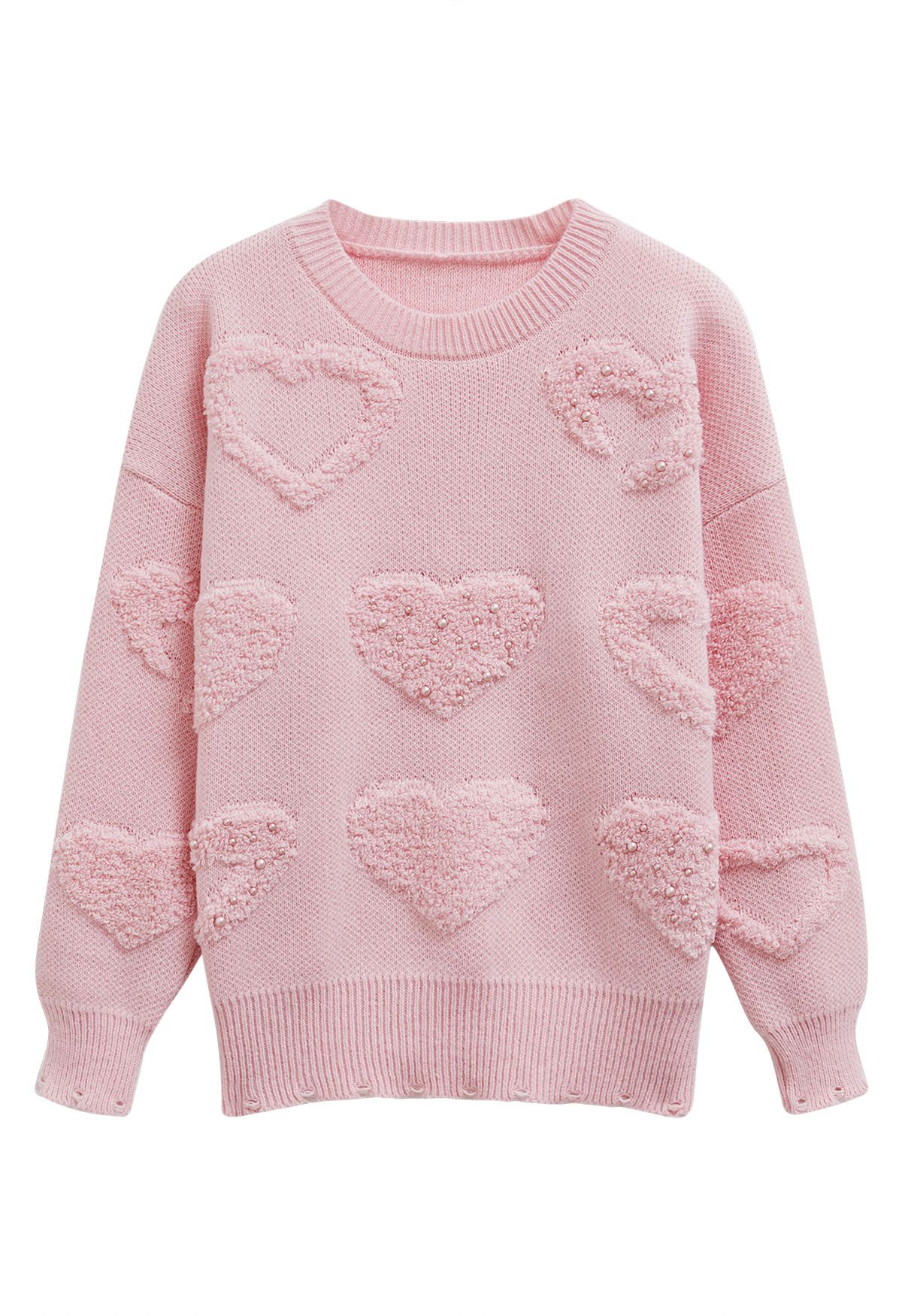 Pull oversize en maille jacquard avec bordure en perles et cœurs en rose