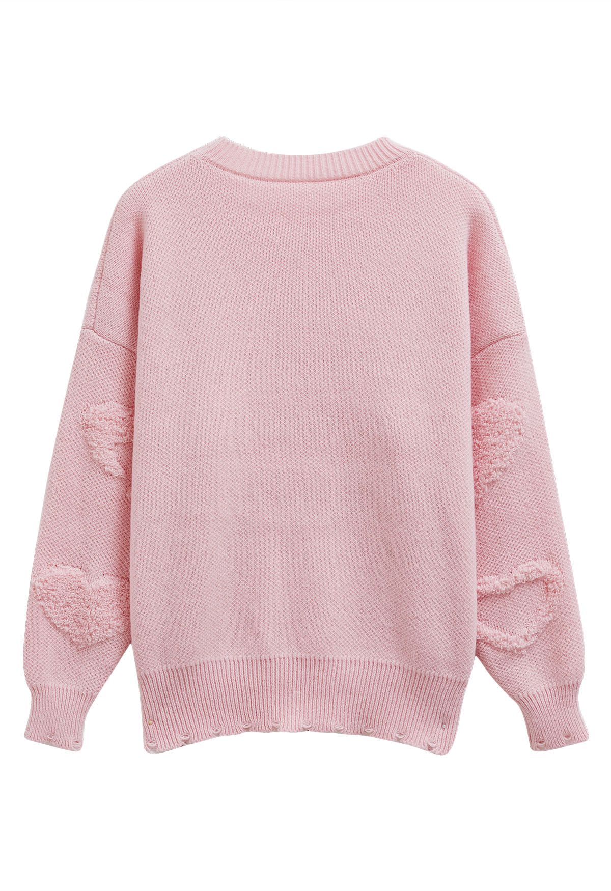 Pull oversize en maille jacquard avec bordure en perles et cœurs en rose