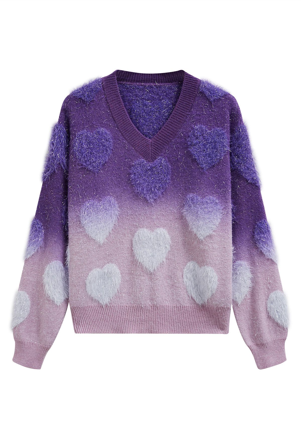 Pull en tricot à franges et cœur flou ombré en violet