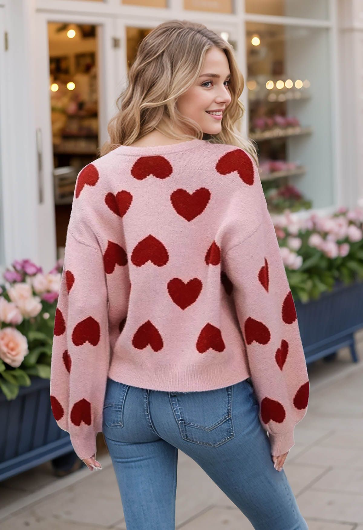 Pull en tricot à manches bouffantes Cherished Heart en rose poudré