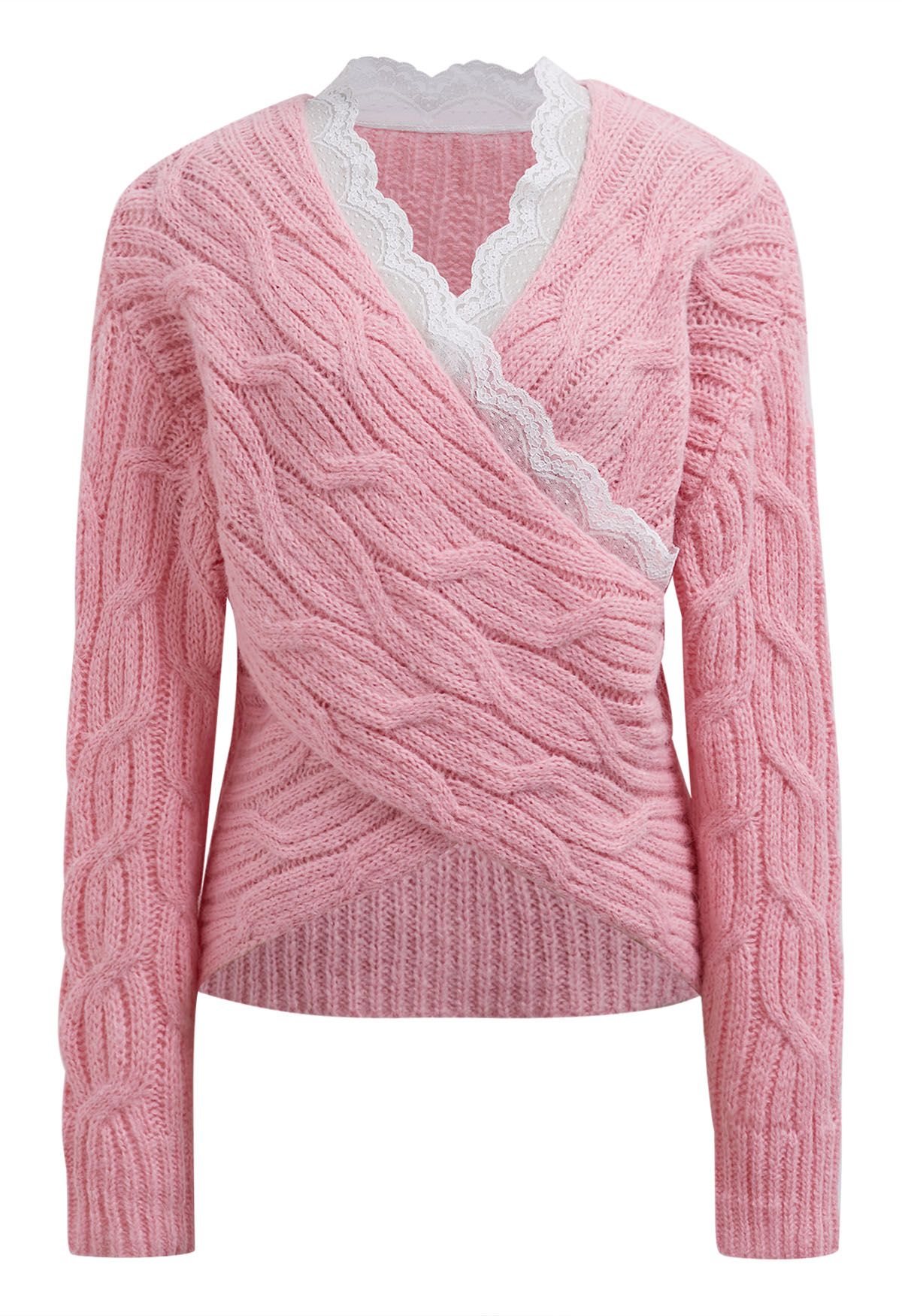 Pull en maille torsadée croisée avec bordure en dentelle en rose