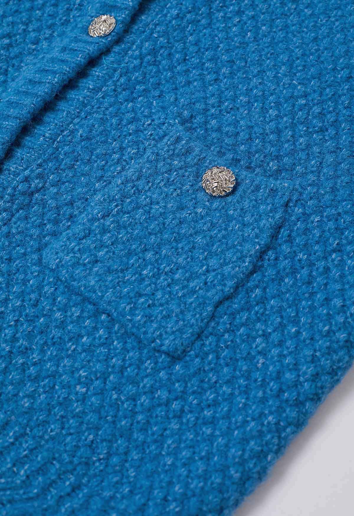 Cardigan boutonné en tricot gaufré avec poche plaquée en indigo