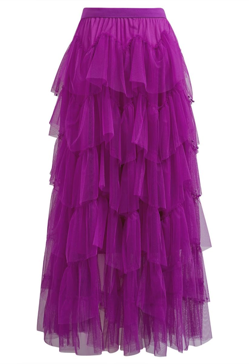 Jupe longue éthérée en tulle perlé violet