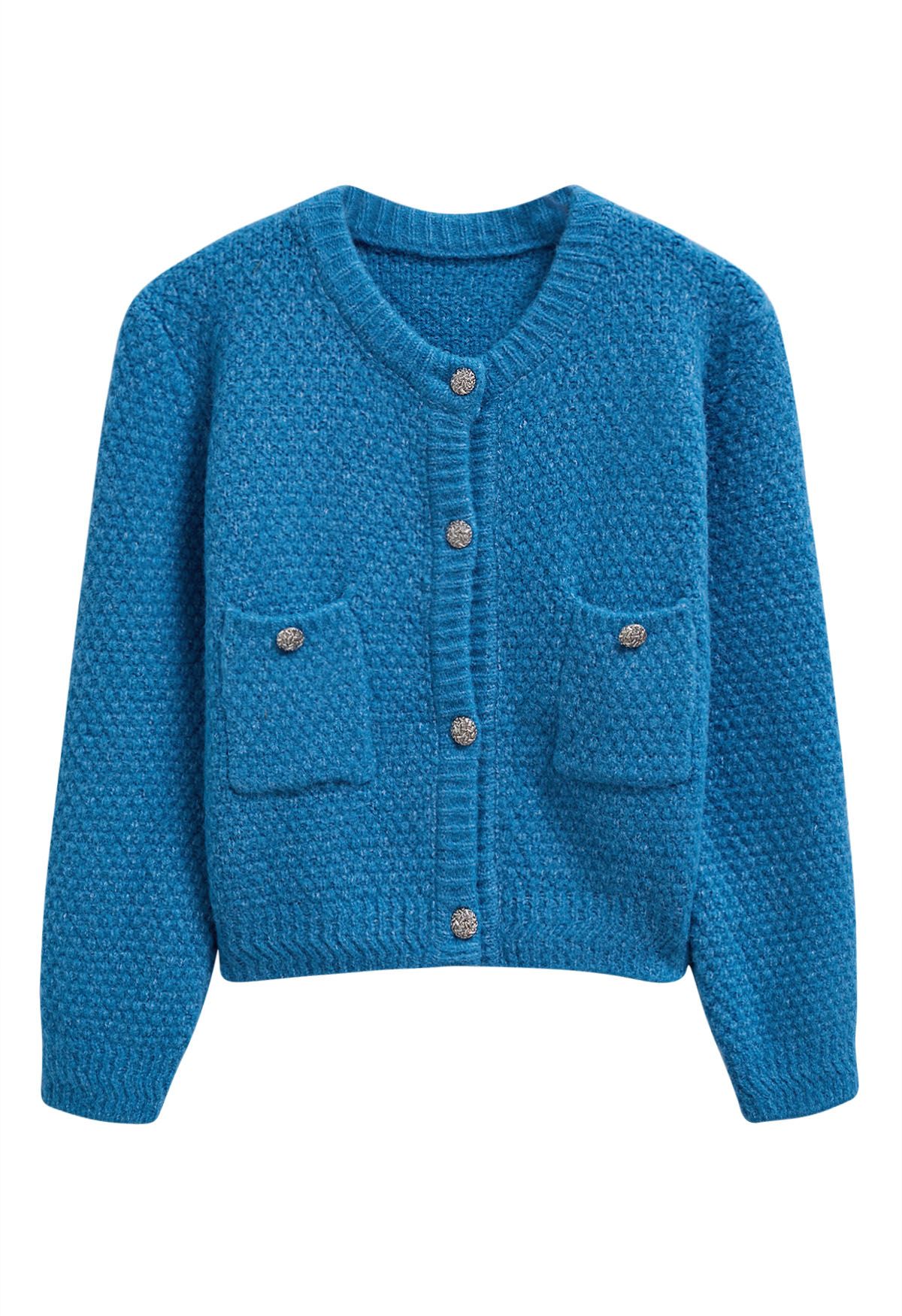 Cardigan boutonné en tricot gaufré avec poche plaquée en indigo