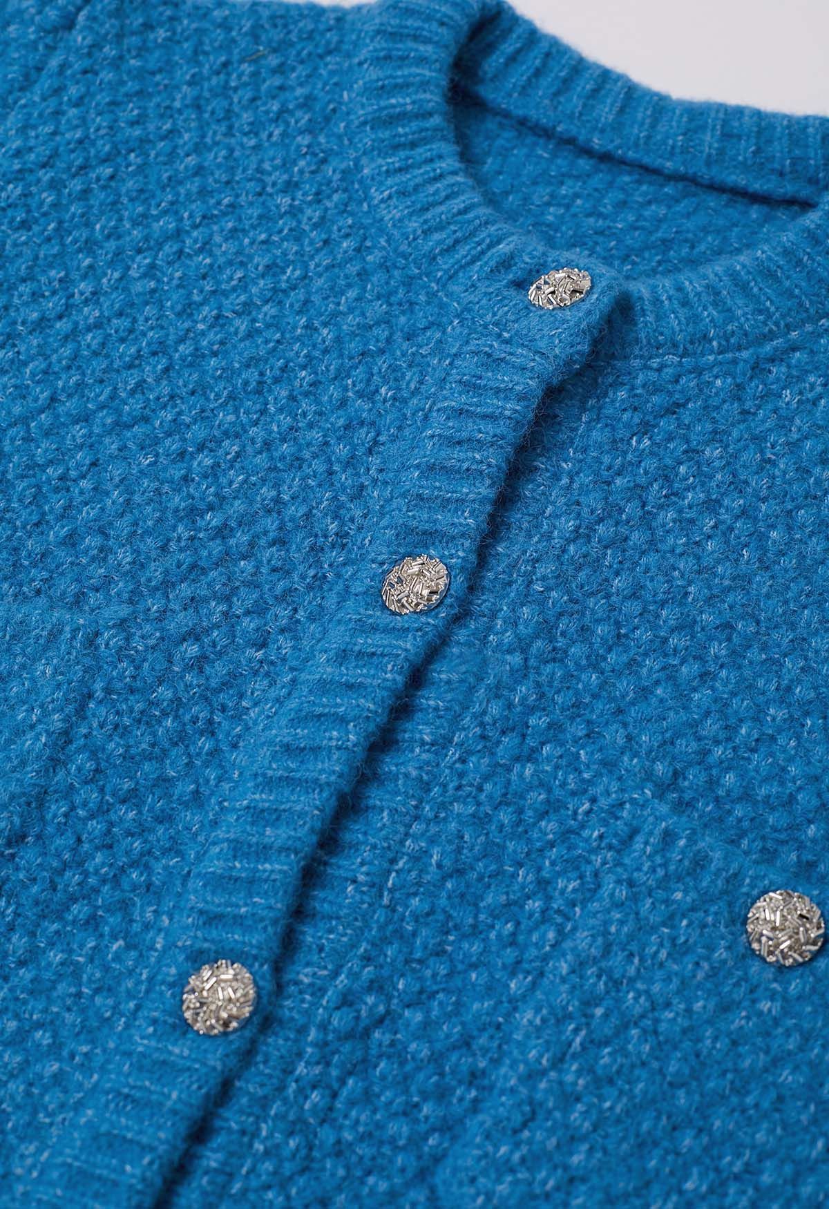 Cardigan boutonné en tricot gaufré avec poche plaquée en indigo