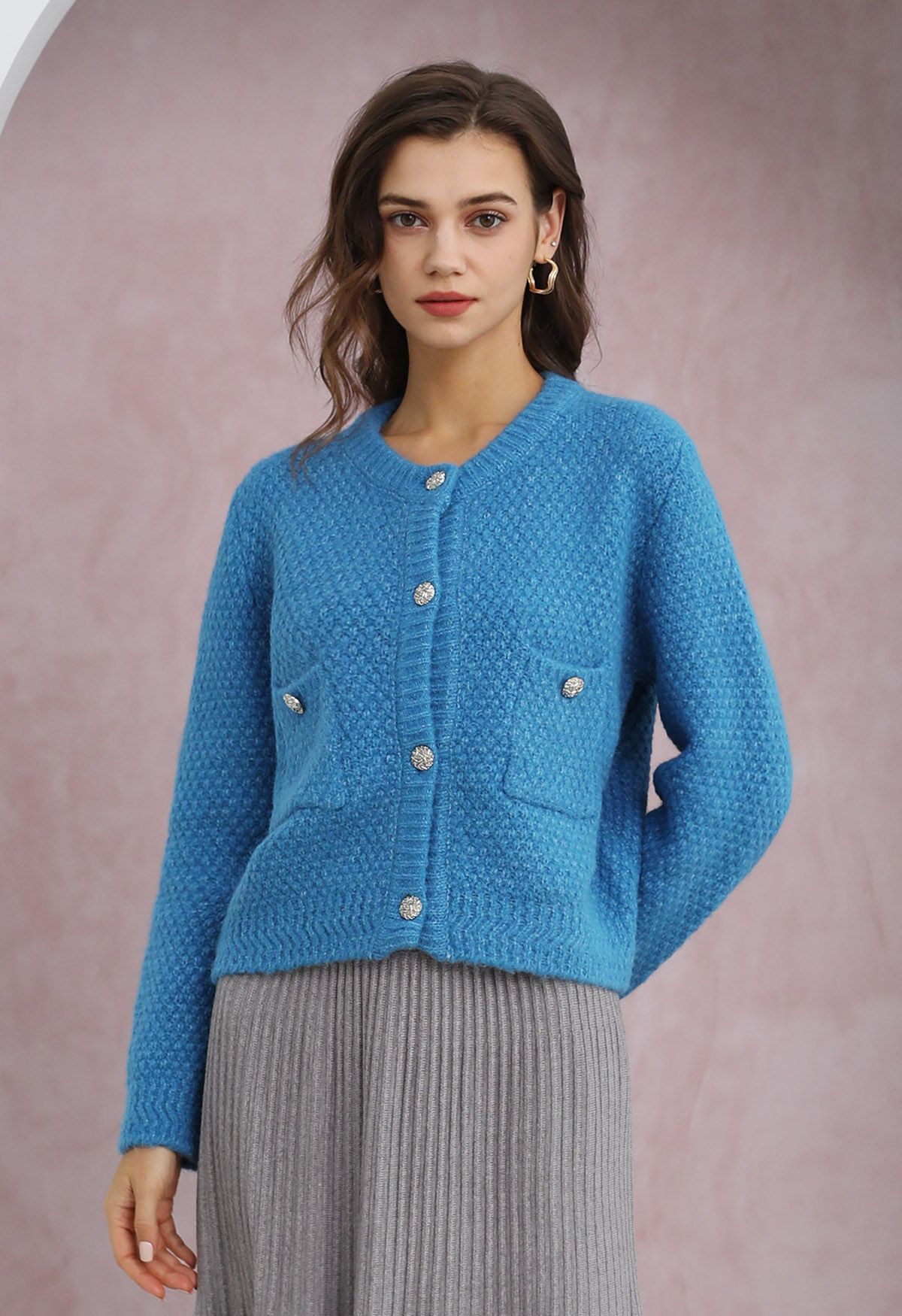 Cardigan boutonné en tricot gaufré avec poche plaquée en indigo