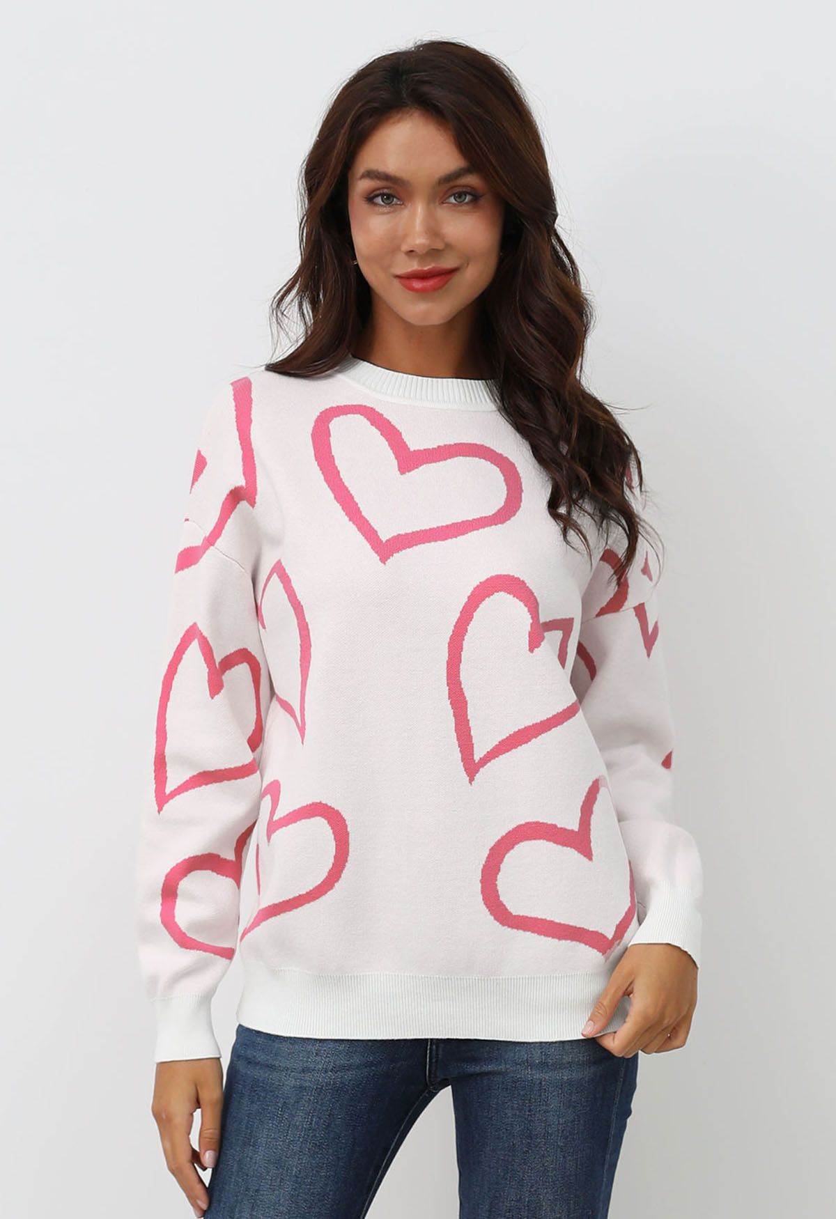 Pull ras du cou en tricot Lovable Heart en rose clair