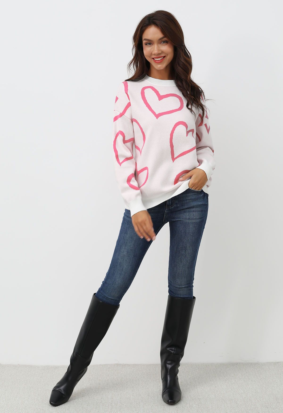 Pull ras du cou en tricot Lovable Heart en rose clair