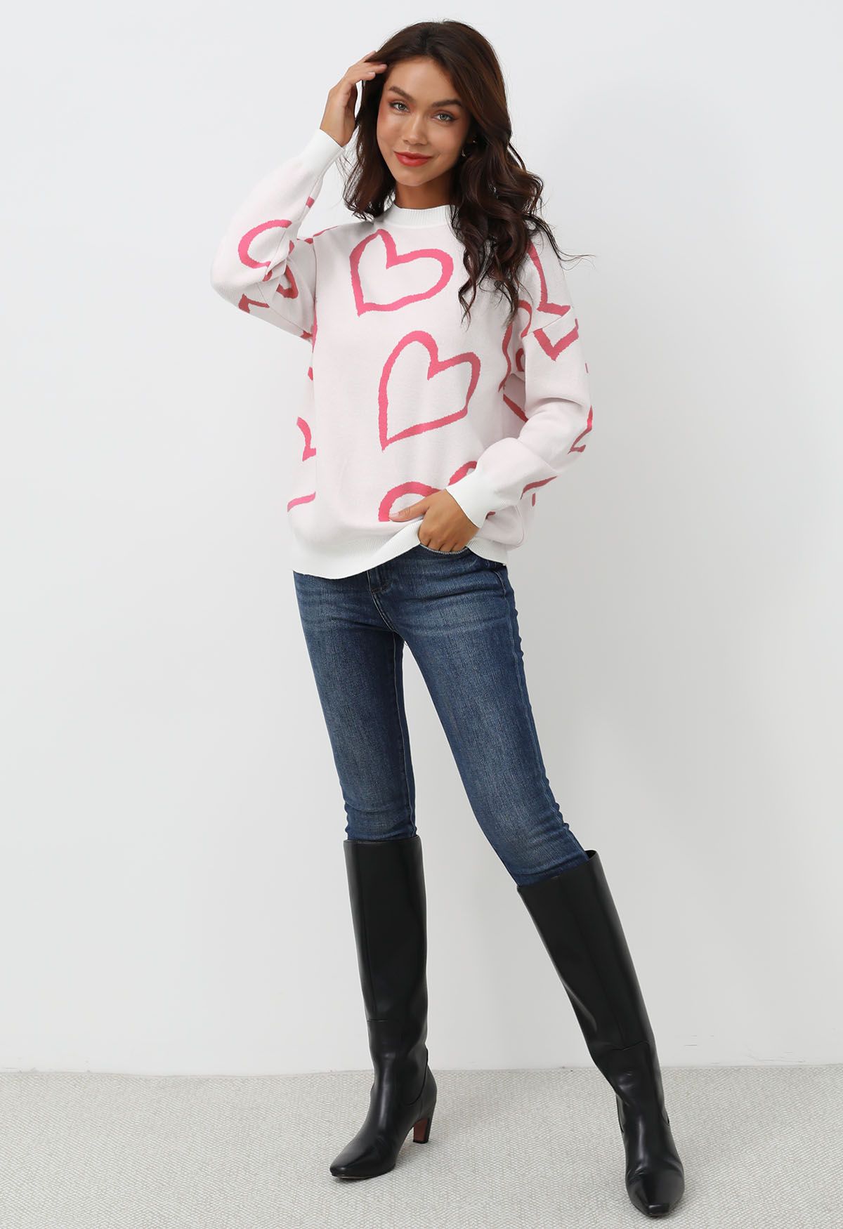 Pull ras du cou en tricot Lovable Heart en rose clair