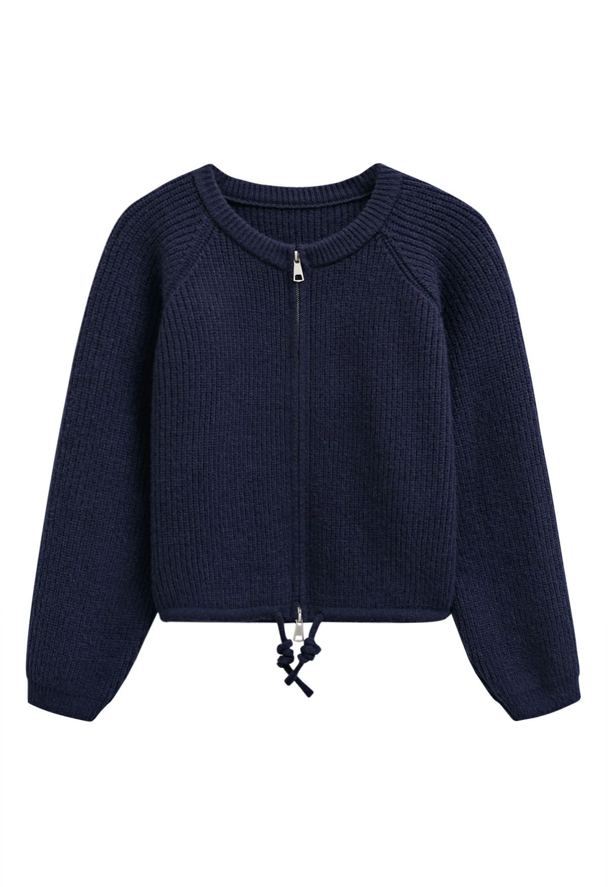 Cardigan en tricot côtelé avec cordon de serrage et fermeture éclair en bleu marine