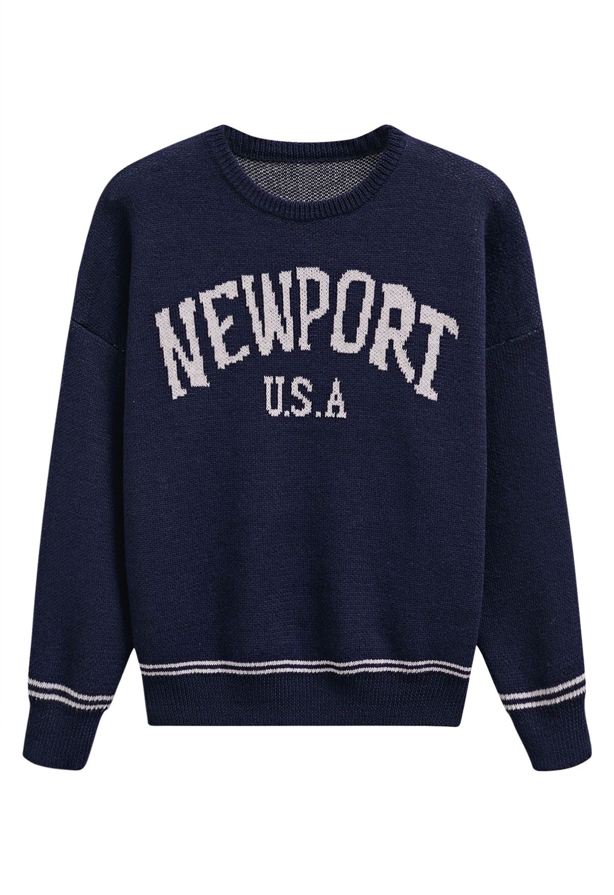 Pull ras du cou oversize en tricot avec lettres Newport en bleu marine