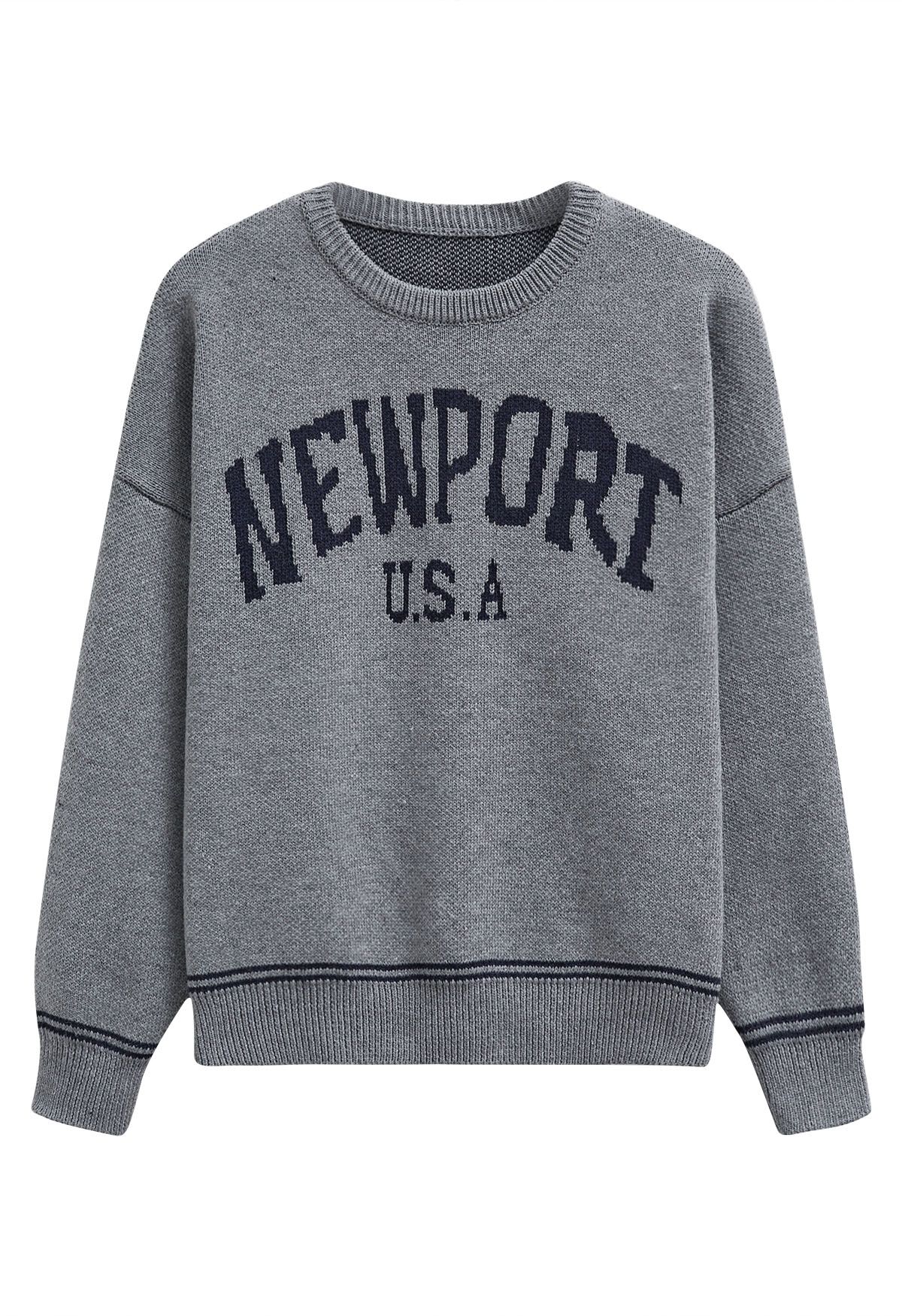 Pull ras du cou oversize en maille Newport Letter en gris