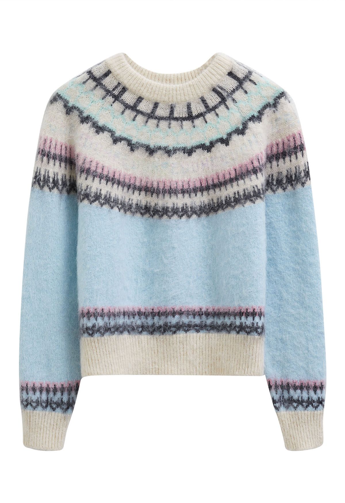 Pull en tricot flou Fair Isle multicolore en bleu bébé