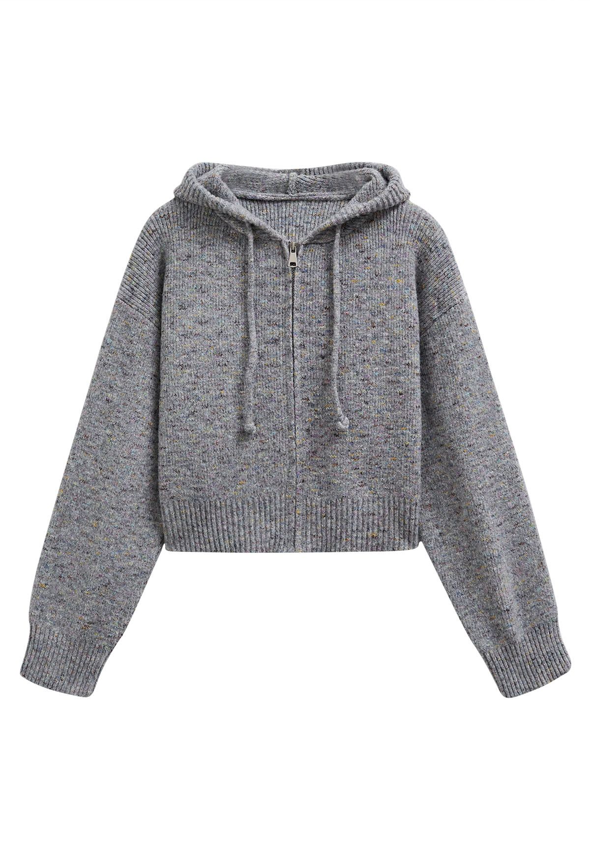 Cardigan en tricot à capuche avec cordon de serrage et fermeture éclair en gris