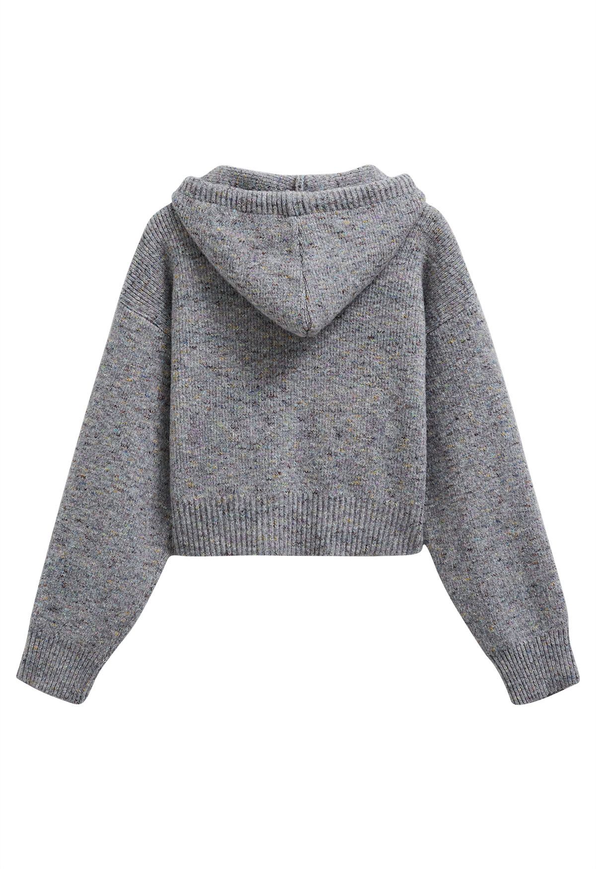 Cardigan en tricot à capuche avec cordon de serrage et fermeture éclair en gris