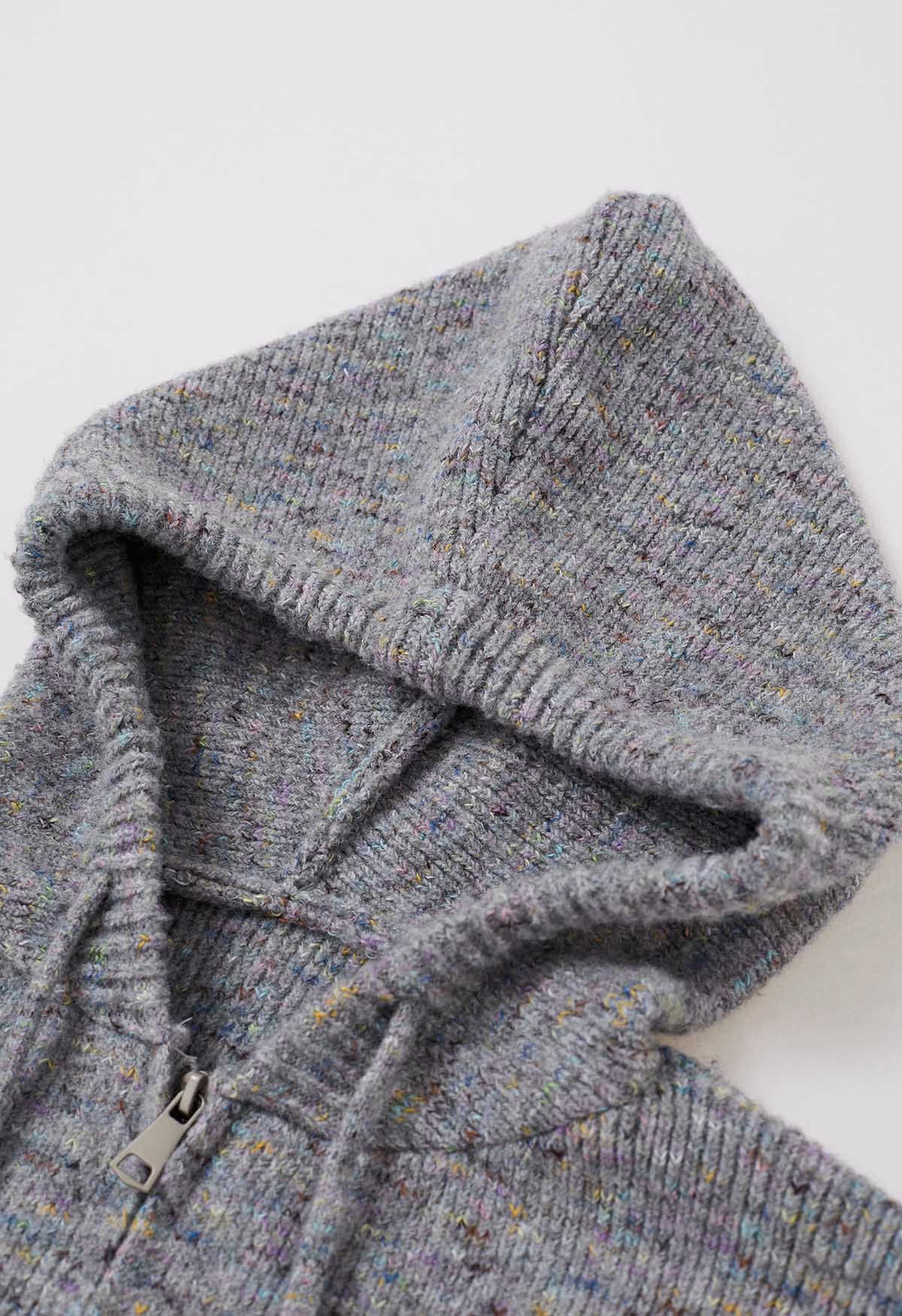 Cardigan en tricot à capuche avec cordon de serrage et fermeture éclair en gris