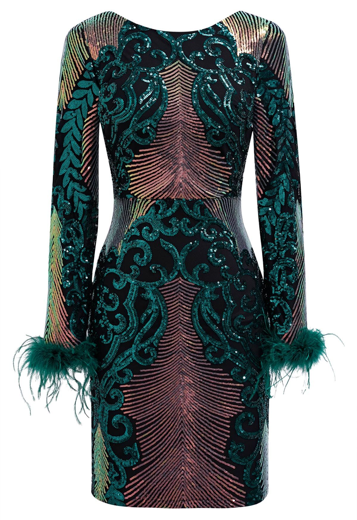 Robe moulante à paillettes éblouissantes et bordure en plumes de vigne en vert foncé